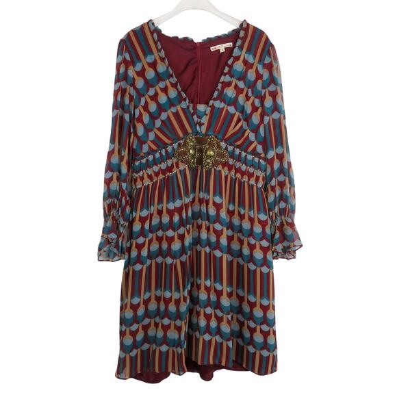 Nanette Lepore Burgudy Geometric Long Sleeve Midi Babydoll Dress with Buckle 10 - Picture 3 of 7